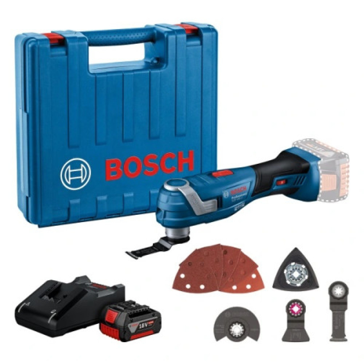 Акумулаторен мултифункционален инструмент BOSCH GOP 185-LI, 1 x 4,0Ah 18 V, консумативи, куфар