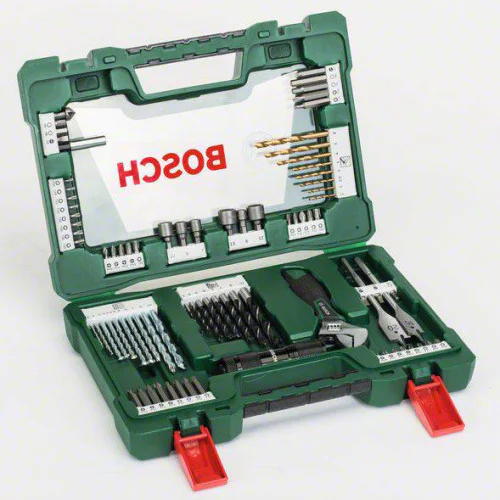 V-Line TiN-свредла и битове, комплект със светодиодно джобно фенерче и раздвижен гаечен ключ, 83 части, Bosch