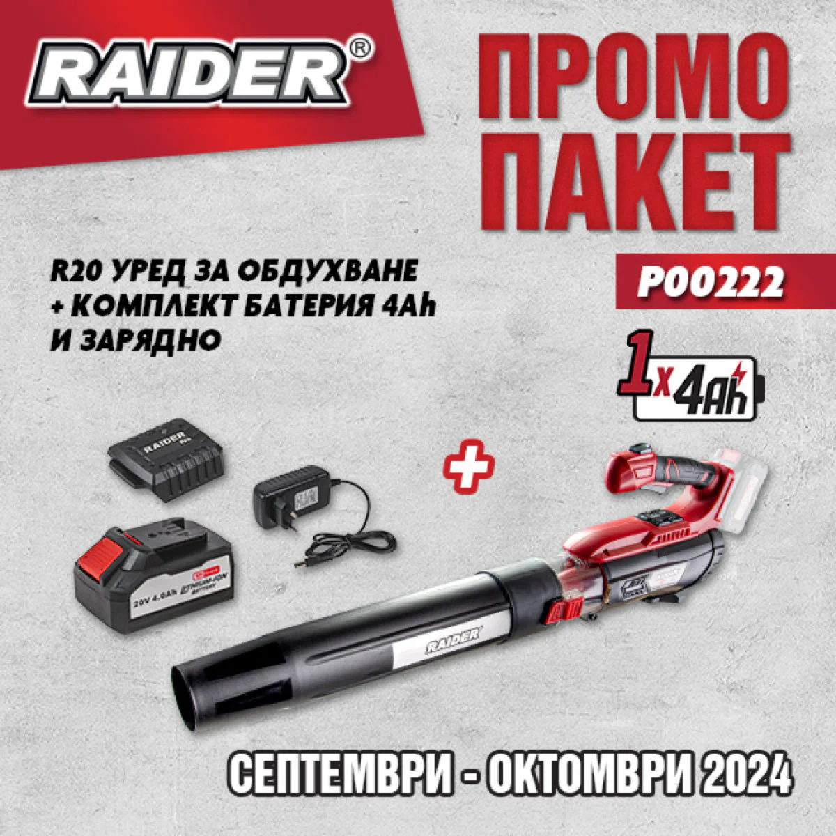 Акумулаторна въздуходувка Raider RDP-BL20 + 1 батерия 20 V 4Ah и зарядно Raider RDP-R20 System P00222