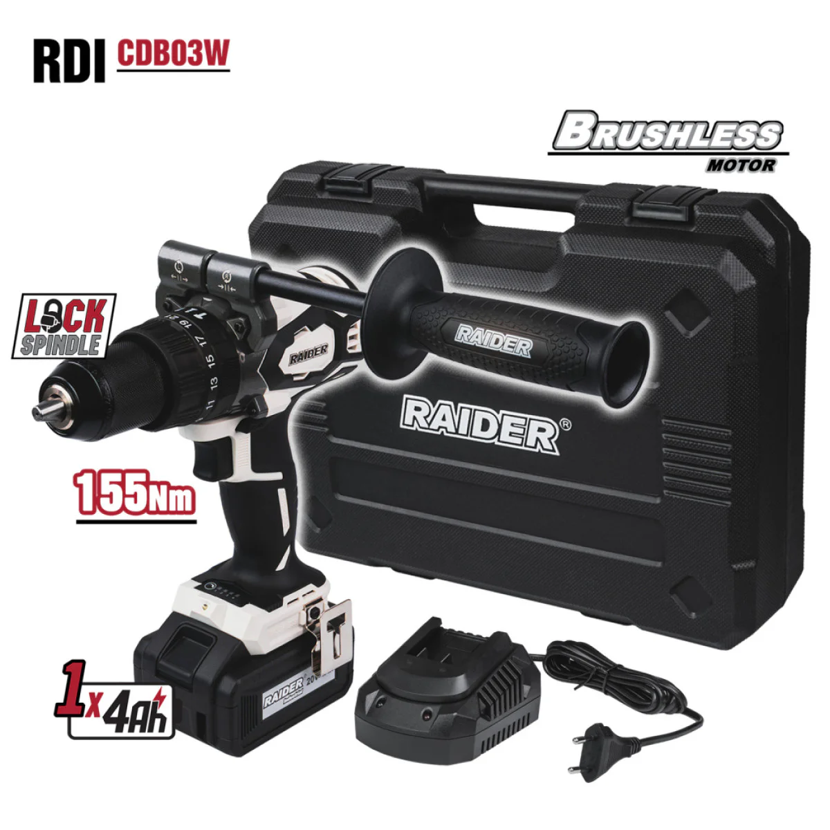 Акумулаторен ударен винтоверт Raider RDI-CDB03W, 155 Nm, с 1 батерия 20 V, 4 Ah, зарядно и куфар 011503