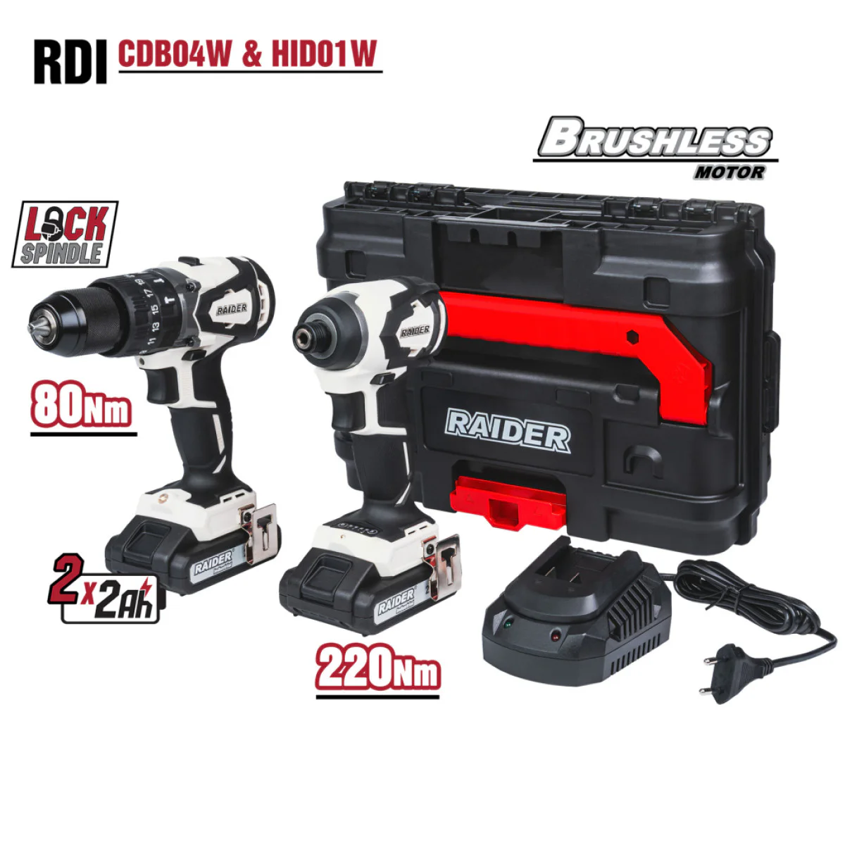 Комплект акумулаторни безчеткови винтоверти Raider RDI-CDB04W&HID01W, 2 батерии 2 Ah 20 V, зарядно и куфар 011504