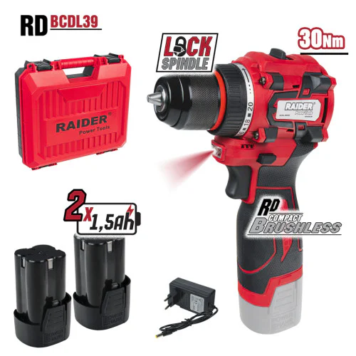 Акумулаторен безчетков винтоверт Raider RD-BCDL39, 2 батерии 1.5 Ah 16 V, 30 Nm, зарядно и куфар