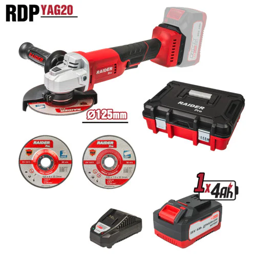 Акумулаторен ъглошлайф Raider RDP-YAG20, R20, 125 мм, с 1 батерия 20 V, 4 Ah, зарядно и куфар