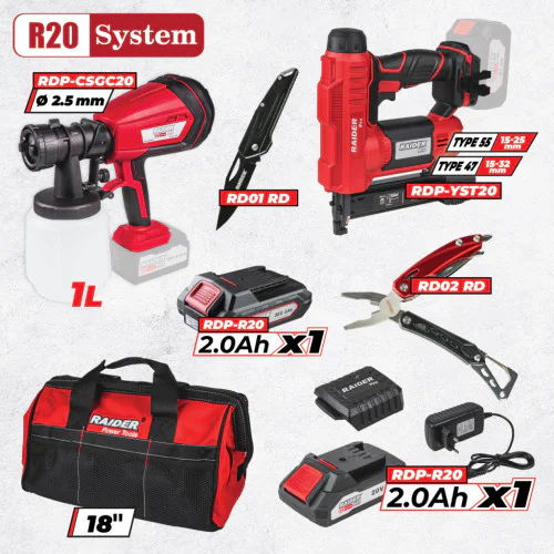 Комплект акумулаторни машини Raider RDP-BXS5, R20, 2 батерии 2Ah 20 V, зарядно и аксесоари