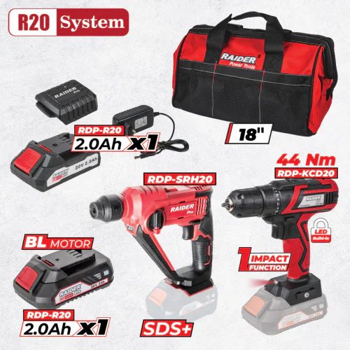 Комплект акумулаторни машини Raider RDP-BXS9, R20, 2 батерии 2 Ah 20 V, зарядно и чанта