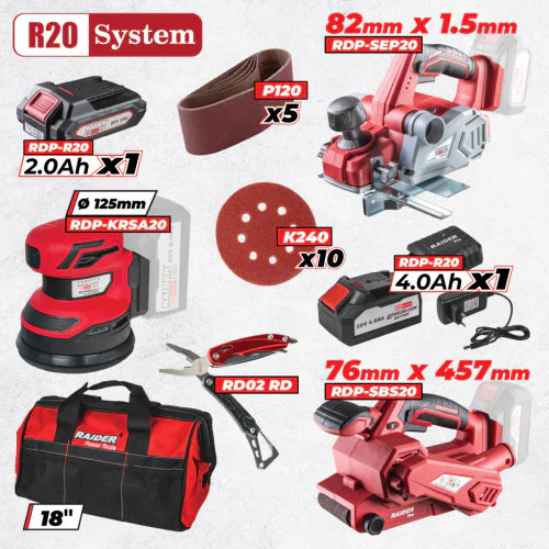 Комплект акумулаторни машини Raider RDP-BXS11, R20, батерии 1х 2 Ah, 1 х 4 Ah, 20 V, зарядно и аксесоари