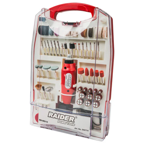 Прав шлайф Raider RD-MG14, 230 V/12 V DC, 3.2 мм + 110 аксесоара, в куфар