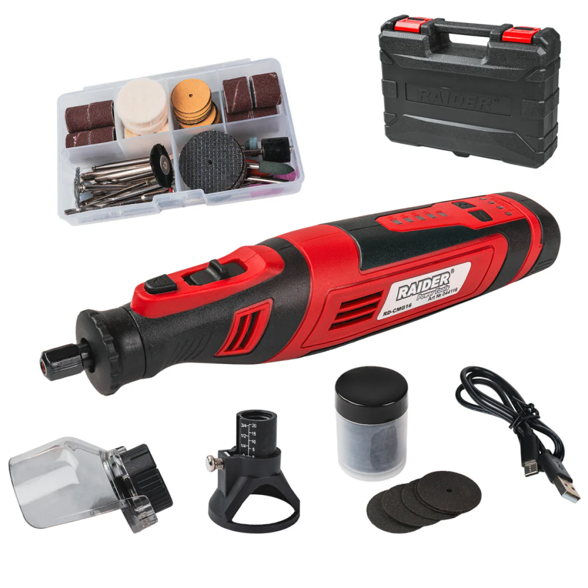 Акумулаторен прав шлайф Raider RD-CMG16, 8 V, 2 Ah, USB Type-C, 127 аксесоара, в куфар 044116 Акумулаторен прав шлайф Raider RD-CMG16, 8 V, 2 Ah, USB Type-C, 127 аксесоара, в куфар 044116