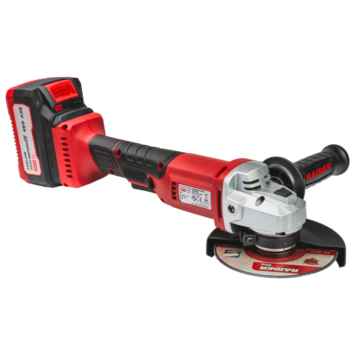Акумулаторен ъглошлайф Raider RDP-YAG20, R20, 125 мм, с 1 батерия 20 V, 4 Ah, зарядно и куфар 030250