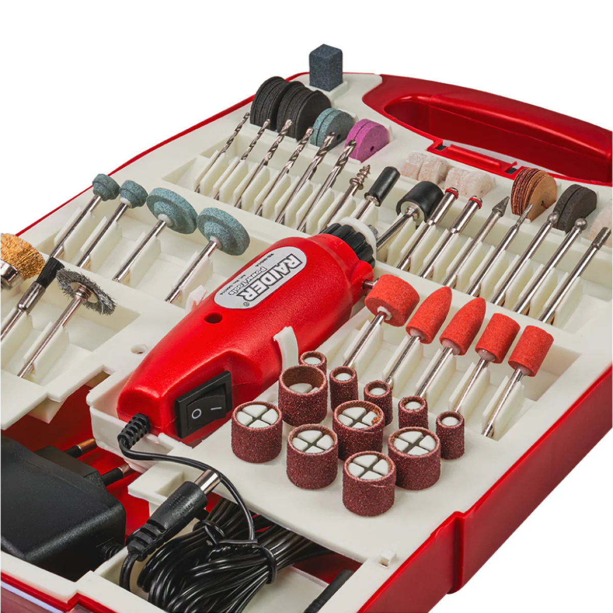 Прав шлайф Raider RD-MG14, 230 V/12 V DC, 3.2 мм + 110 аксесоара, в куфар 044114