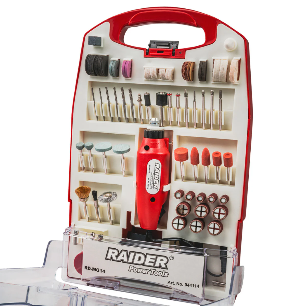Прав шлайф Raider RD-MG14, 230 V/12 V DC, 3.2 мм + 110 аксесоара, в куфар 044114