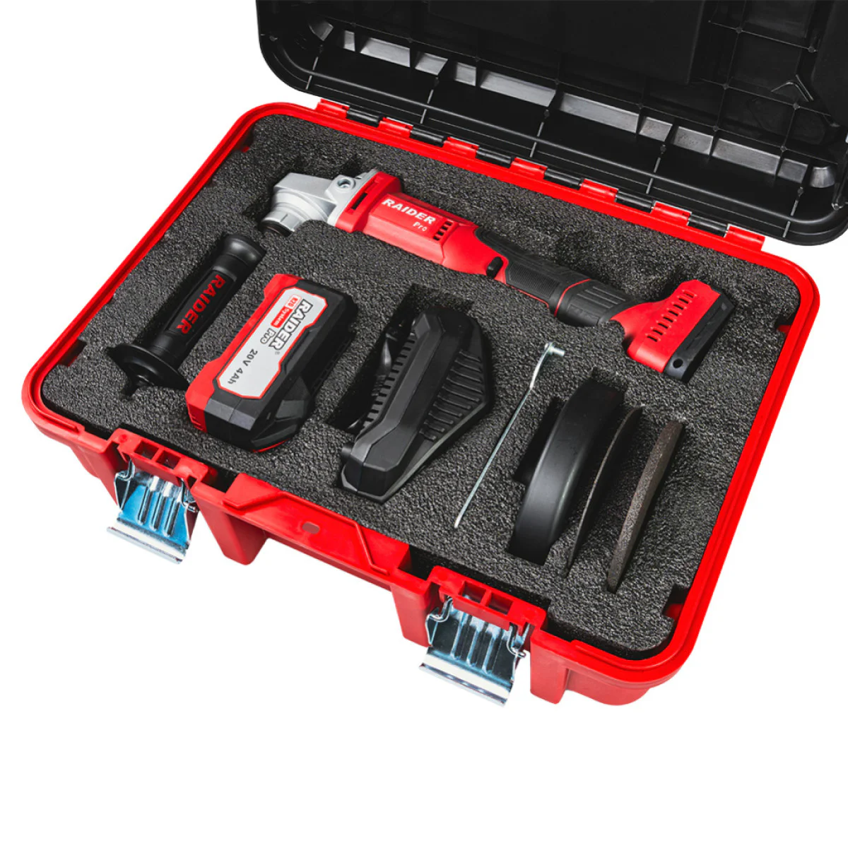 Акумулаторен ъглошлайф Raider RDP-YAG20, R20, 125 мм, с 1 батерия 20 V, 4 Ah, зарядно и куфар 030250
