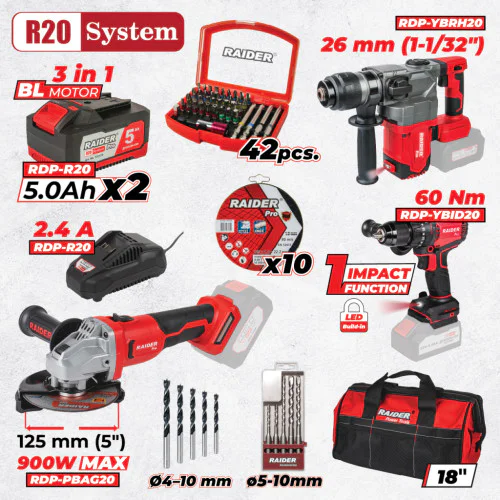 Акумулаторен комплект Raider RDP-BXS1 R20 3 безчеткови машини, 2 батерии 20V 5Ah, зарядно и консумативи
