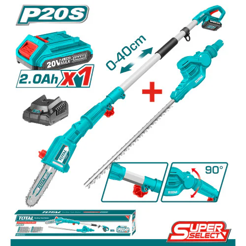 Комплект акумулаторен телескопичен трион и храсторез TOTAL TPTS201681 Industrial, 1 батерия 20V, 2Ah