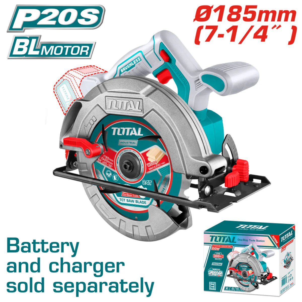 Акумулаторен ръчен циркуляр TOTAL TSLI1851 Industrial, BL, 20 V, 185 мм, без батерия TSLI1851