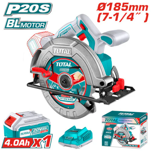 Акумулаторен безчетков ръчен циркуляр TOTAL TSLI18511 Industrial, 1 батерия 20 V 4 Ah, Ø 185 mm
