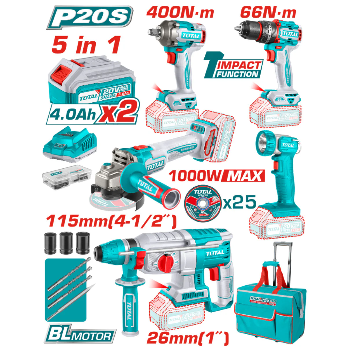 Комплект акумулаторни инструменти TOTAL TCKLI20592E INDUSTRIAL, 5 в 1, 2 x 20 V, 4 Ah TCKLI20592E