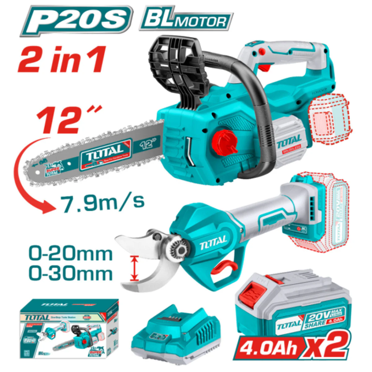 Комплект акумулаторни верижен трион и градинска ножица TOTAL TOSLI230703E Industrial, 2 x 4Ah TOSLI230703E