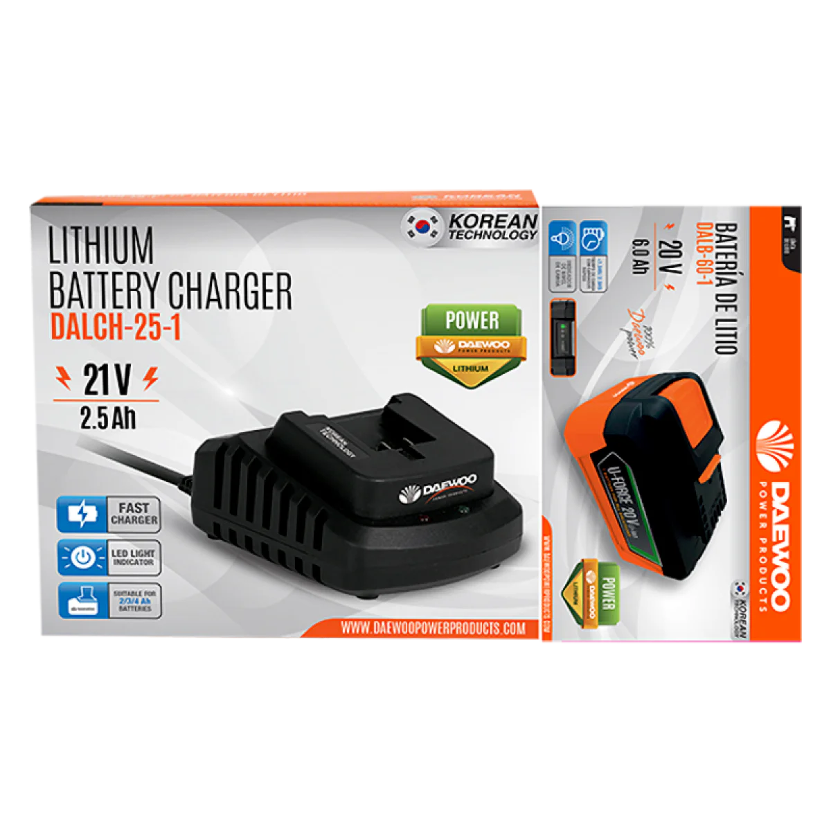 Стартов комплект DAEWOO START PACK Li-5 акумулаторна батерия DALB-60-1 U-FORCE 20V, 6.0 Ah + зарядно устройство DALCH-25-1, 21V, 2.5 Ah START PACK LI-5