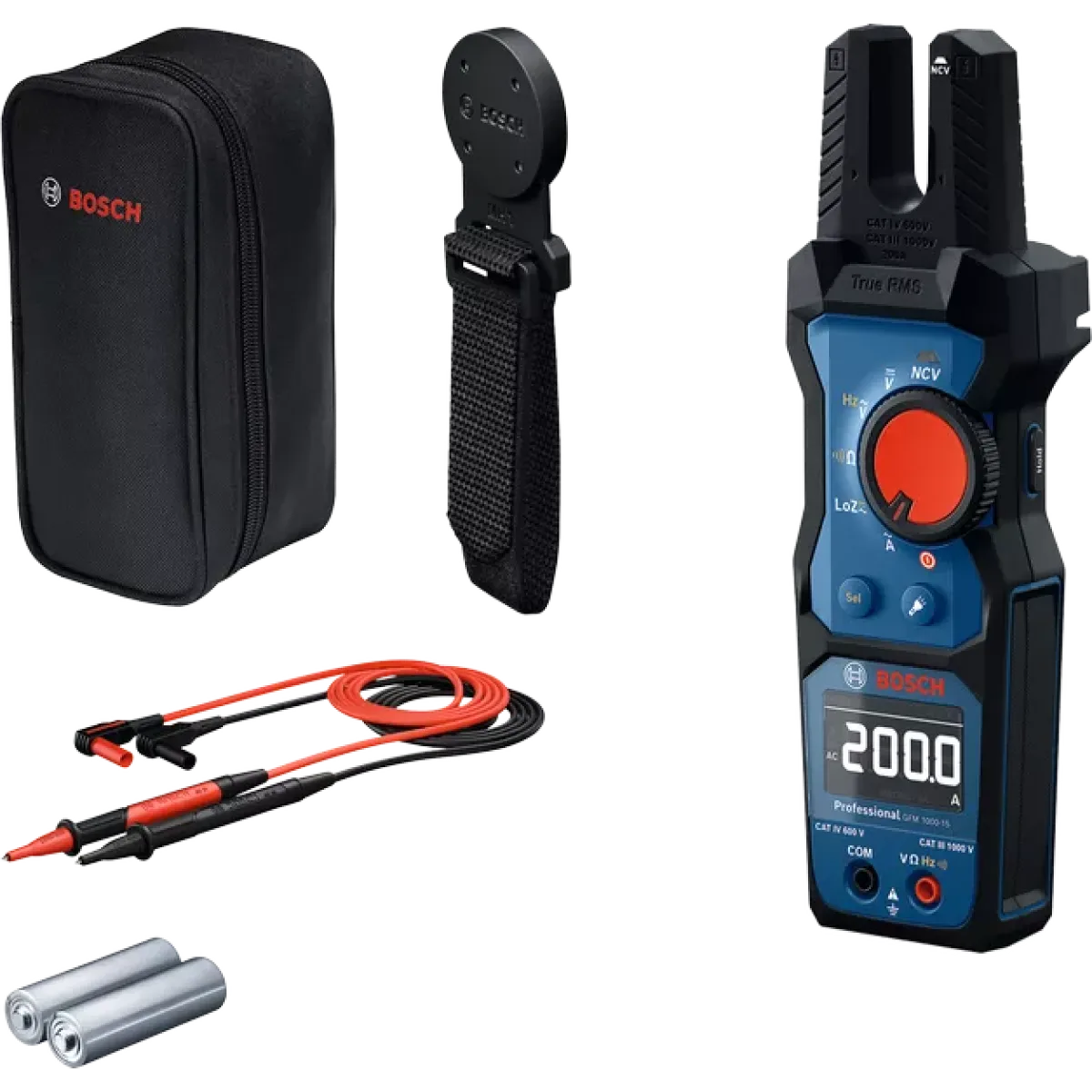 Електроизмервателен уред Bosch GFM 1000-15, 1000 V, 200 A, със стойка MH 1 и калъф 0601077401