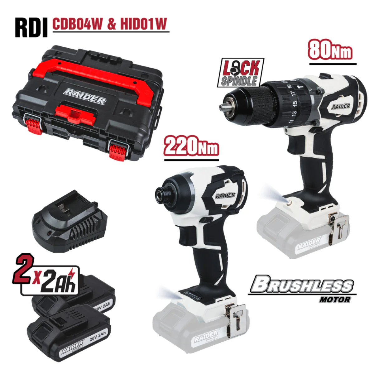 Комплект акумулаторни винтоверт и гайковерт Raider RDI-CDB04W&HID01W, 2 батерии x 20 V, 2 Ah, зарядно и куфар 011504