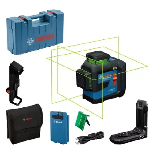 Линеен лазер Bosch GLL 80-33 G Professional, до 30м,LB 10, батерия BA 3.7V/3.0Ah, държач LB 10, скоба за таван DK 20, куфар