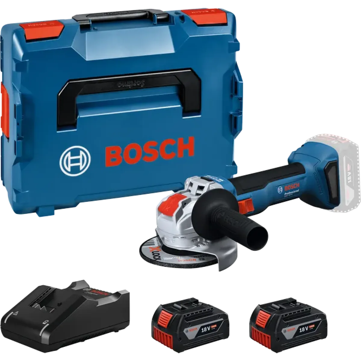 Акумулаторен ъглошлайф Bosch GWX 18V-8, Ø 125 мм, X-LOCK, с 2 батерии 18 V, 4 Ah, зарядно и куфар 06019N9102