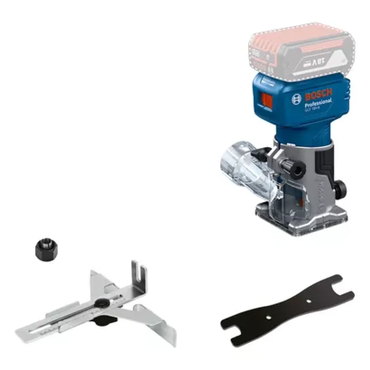 Оберфреза Bosch GLF 18V-8, цанга ¼, 6, 8 мм, 18,0 V + паралелен водач 06016C2000